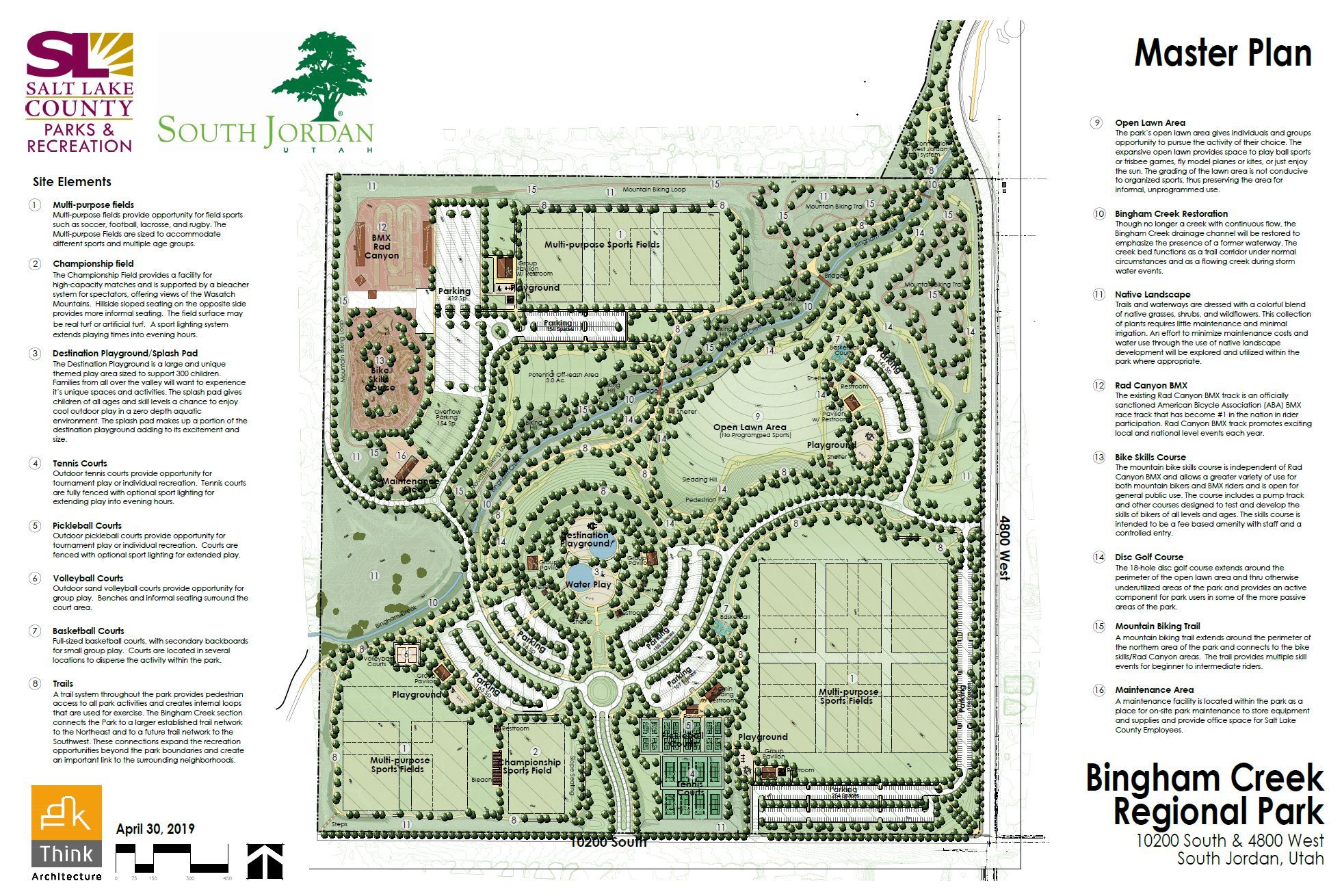 Master plan of Bingham Creek Regional Park with proposed amenities and park features.